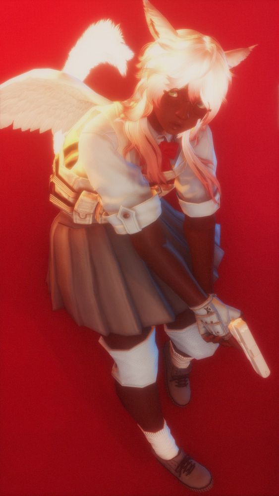 miqo'te xephesi with white hair and pinkish red highlights, dressed up as a cupid from the manga LOVE-BULLET. She holding a white glock 17 :)