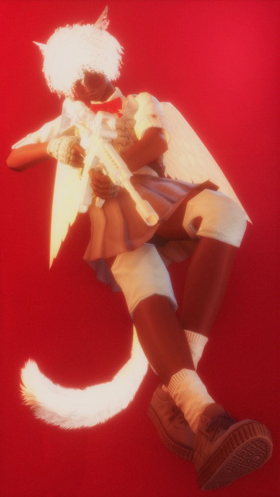 miqo'te xephie with white hair, and red tinted sunglasses, dressed up as a cupid from the manga LOVE-BULLET. She's wielding a white m4 with optic and fore-grip attachments :)