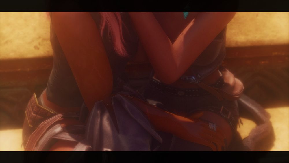 Two fem Miqo'te, one with pinkred hair and the other with black, sitting on a bench in Ul'dah. The black haired one is cupping the other's face in her hands, while the pinkred haired one has their arms around the other. They're smiling at each other cuz they in love :)