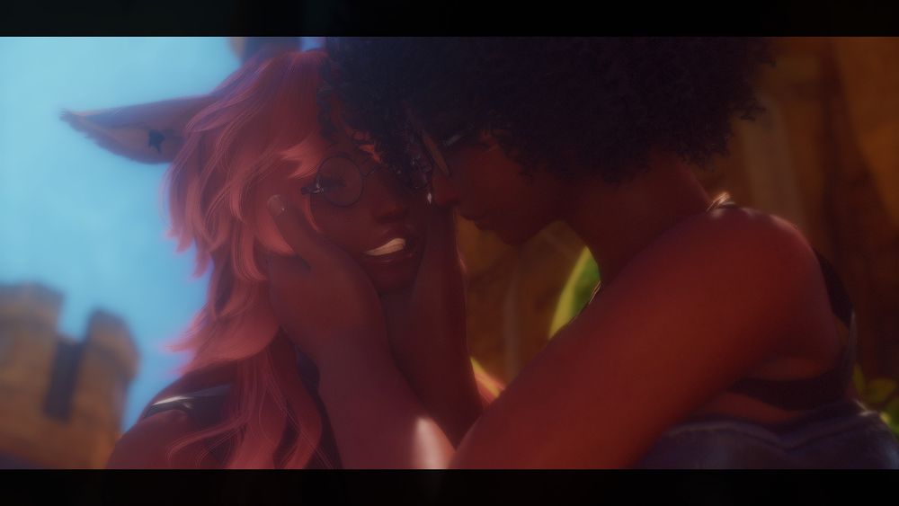Two fem Miqo'te, one with pinkred hair and the other with black, sitting on a bench in Ul'dah. The black haired one is cupping the other's face in her hands, while the pinkred haired one has their arms around the other. They're smiling at each other cuz they in love :)
