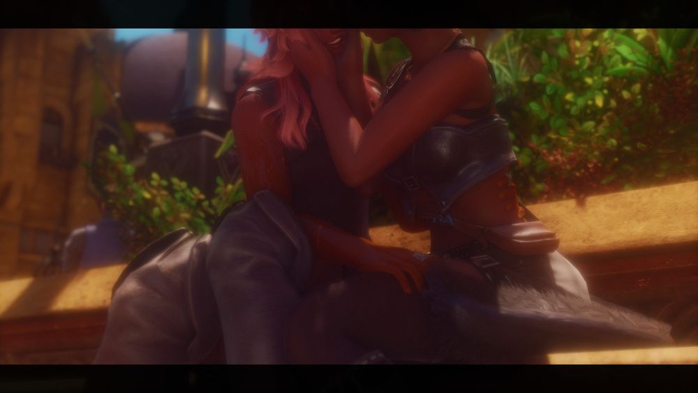 Two fem Miqo'te, one with pinkred hair and the other with black, sitting on a bench in Ul'dah. The black haired one is cupping the other's face in her hands, while the pinkred haired one has their arms around the other. They're smiling at each other cuz they in love :)