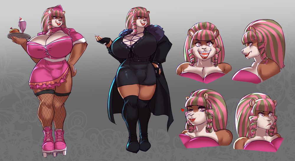A Reference sheet for Bimbo Bear, with a pose in a Waitress outfit and a one piece dress as well as 4 head shots. 