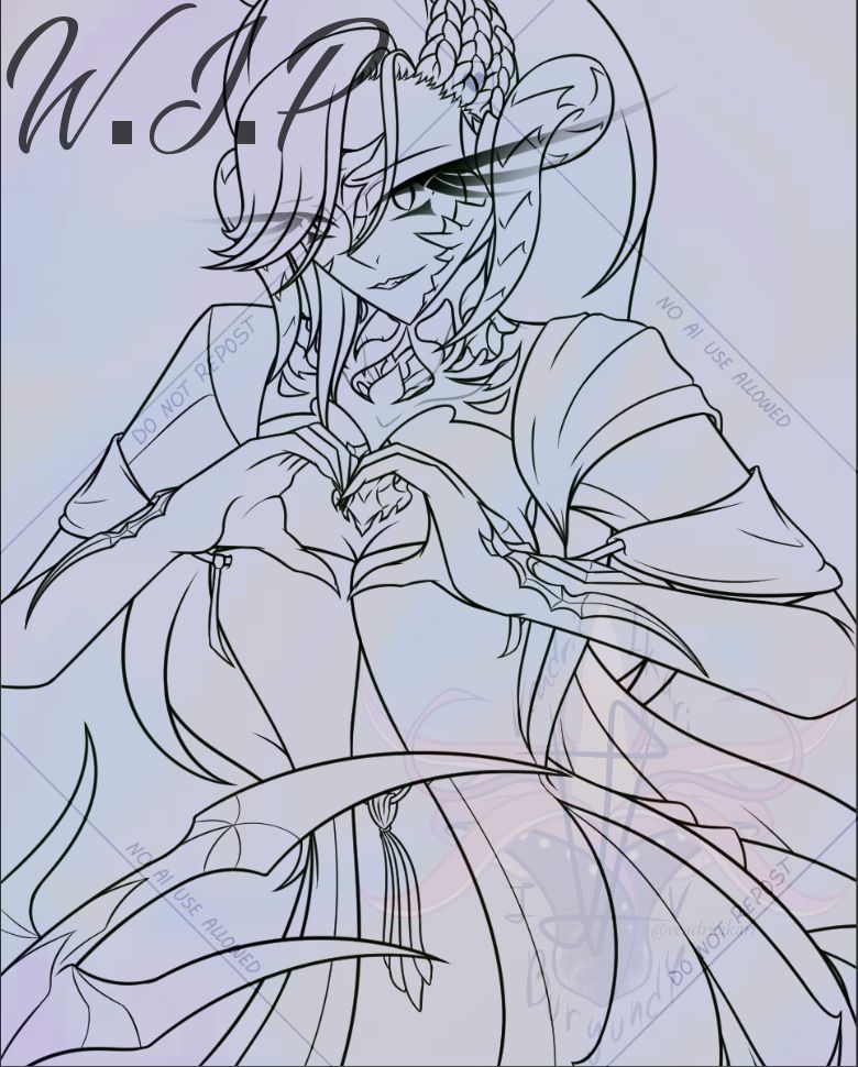 A "Work In Progress" lineart commission piece of my(VeadricIkari's) OC, "Ikari Wraul" from the universe "Final Fantasy XIV", looking at the camera/individual with a "attempted confident" expression as she does the heart hands emote.
