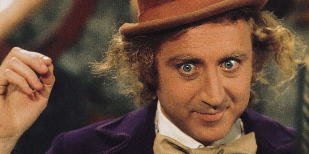 Actor Gene Wilder as Willy Wonka giving the camera an intense stare.