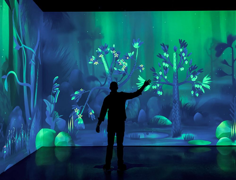 Silhouetted person with their right arm raised standing in front of a projection of two illustrated trees. The tree on the left has a branched raised to mimic the visitor's arm.