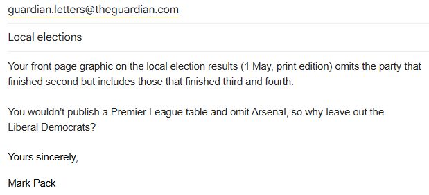 Your front page graphic on the local election results (1 May, print edition) omits the party that finished second but includes those that finished third and fourth. 

You wouldn't publish a Premier League table and omit Arsenal, so why leave out the Liberal Democrats?

Yours sincerely,

Mark Pack