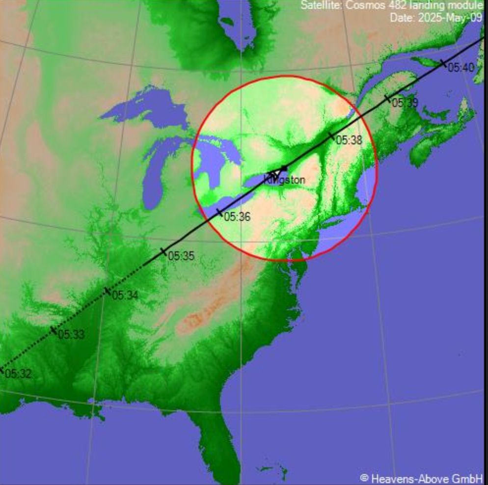 The Soviet Cosmos 482 will pass over Kingston on Friday morning prior to crashing to Earth over the weekend.