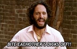Jason Mantzoukas yelling BITE EACH OTHER'S DICKS OFF! At men slap fighting in the foreground mostly out of frame