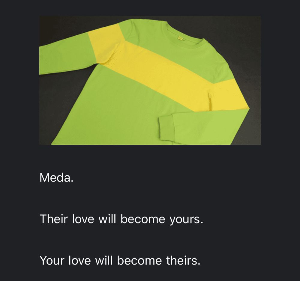 An image from the Undertale/Deltarune Holiday 2024 newsletter, showcasing the Important Person’s Shirt. The text below it reads:

“Meda. Their love will become yours. Your love will become theirs.”