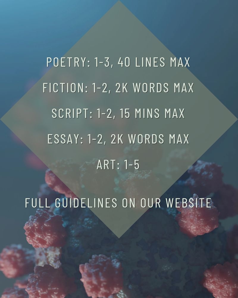 Poetry: 1-3, 40 lines max. Fiction: 1-2, 2k words max. Script: 1-2, 15 mins max. Essay: 1-2, 2k words max. Art: 1-5. Full guidelines on our website. 
Background: virus microbe.