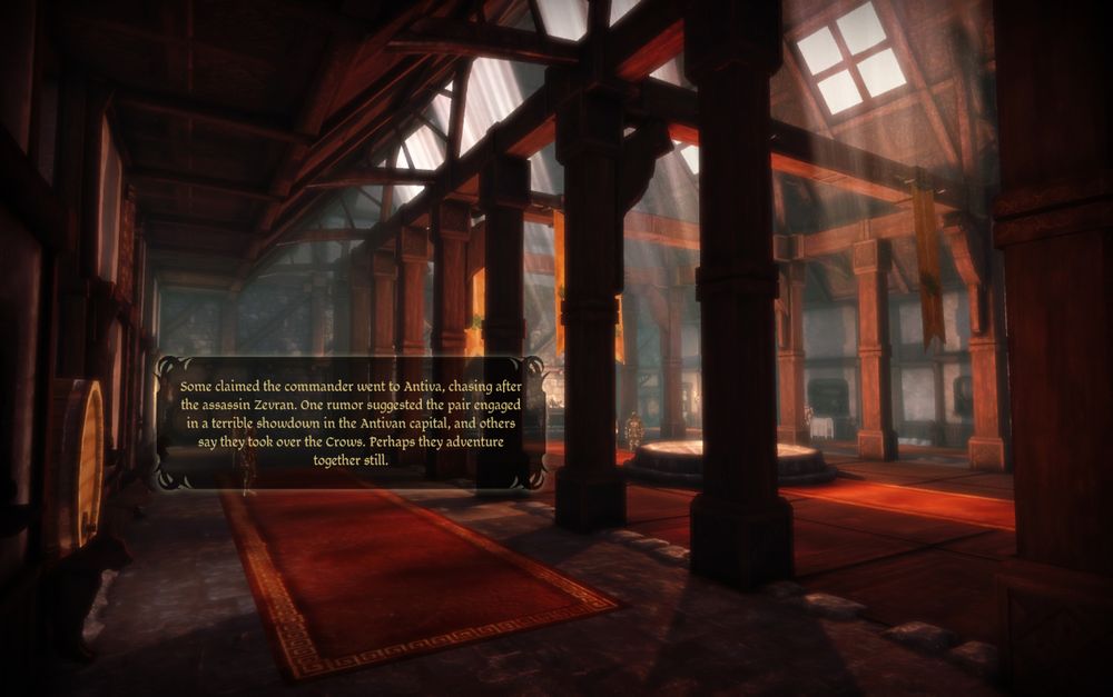 a screenshot from the end of Dragon Age: Origins - Awakening. Text in image reads: some claimed the commander went to Antiva, chasing after the assassin Zevran. One rumor suggestd the pair engaged in a terrible showdown in the Antivan capital, and others say they took over the Crows. Perhaps they adventure together still