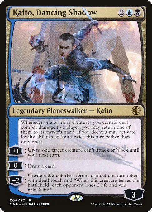 Kaito Dancing Shadow, 2UB

Legendary Planeswalker - Kaito

Whenever one or more creatures you control deal combat damage to a player, you may return one of them to its owner's hand. If you do, you may activate loyalty abilities of Kaito twice this turn rather than only once.

+1: Up to one target creature can't attack or block until your next turn.

0: Draw a card.

-2: Create a 2/2 colorless Drone artifact creature token with deathtouch and "When this creatures leaves the battlefield, each opponent loses 2 like and you gain 2 life."