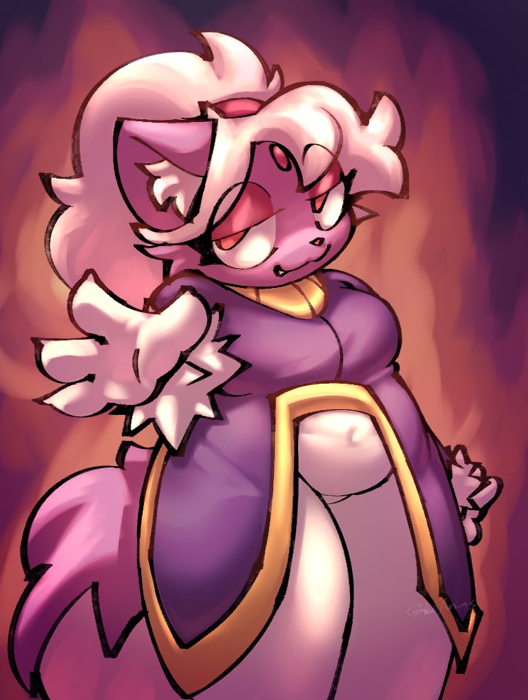 A pink anthropomorphic animal with white hair depicted wearing the outfit of Blaze the Cat