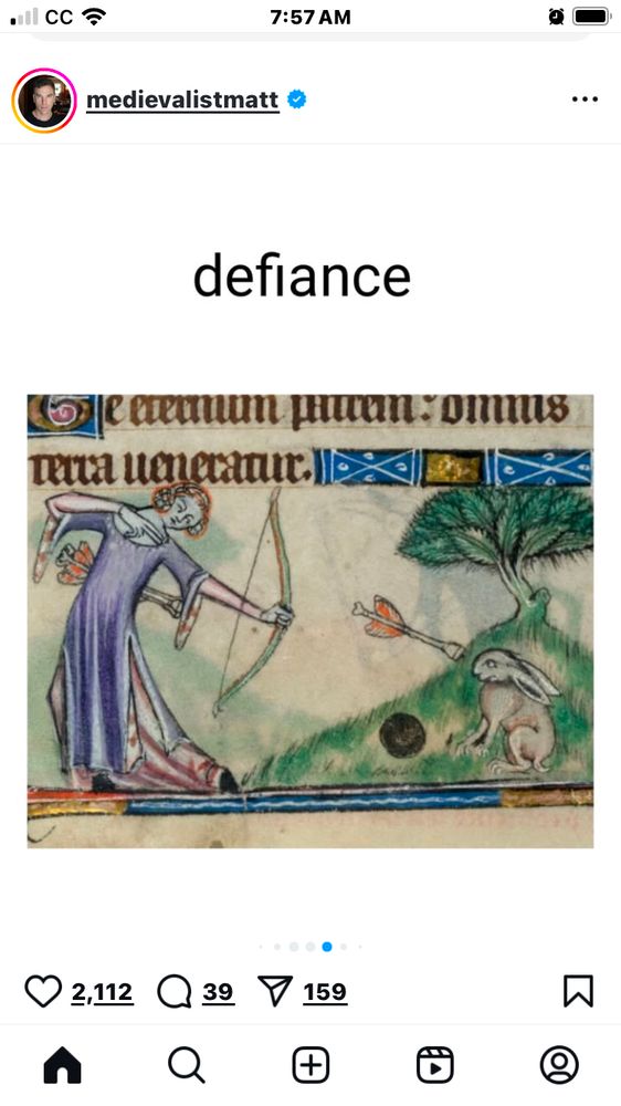 A medieval image of a person shooting an arrow at a bunny, who faces the arrow head-on and fearless.