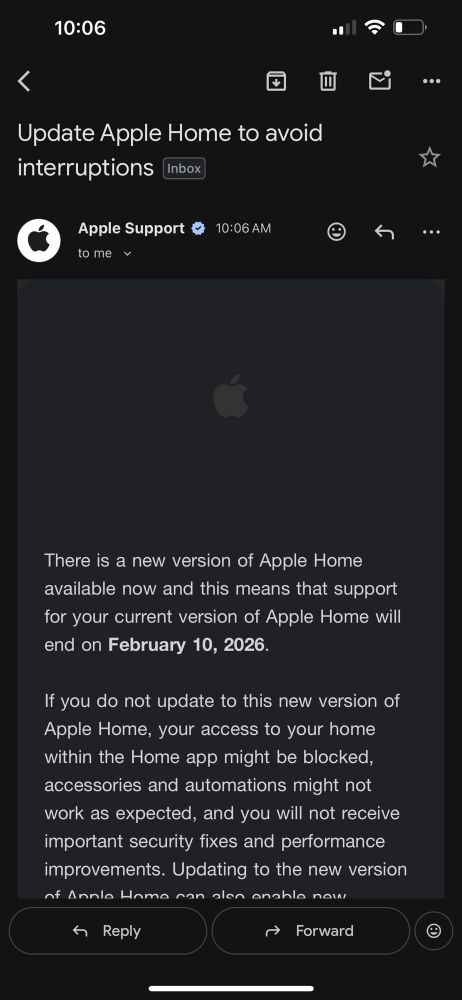An email saying "update apple home to avoid interruptions..."