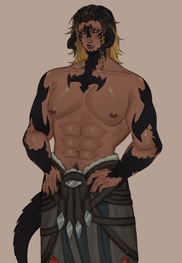 drawing of Magnai Oronir from ffxiv,, but shirtless :3c