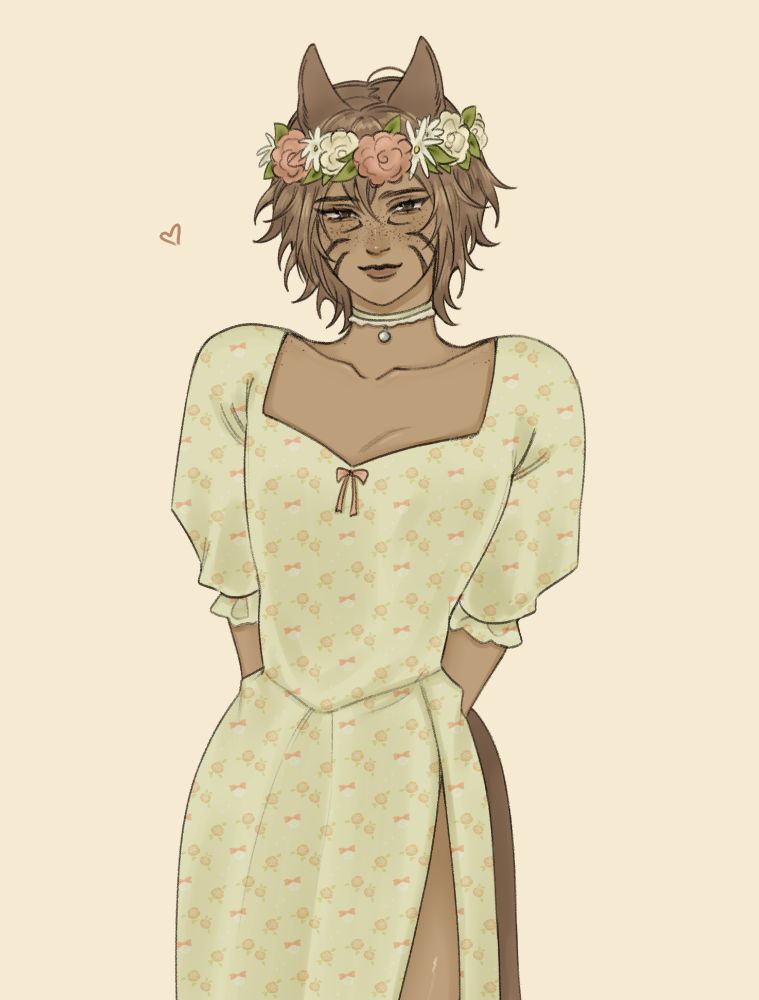 wol (Oak) dressed in a dress and a flower crown for midsummer.