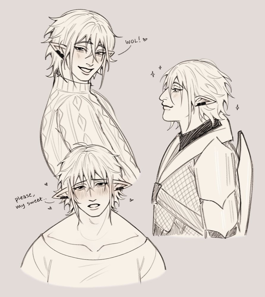 3 drawings of Haurchefant in different poses. Text on the top says "wol!" and the bottom says "please, my sweet.."