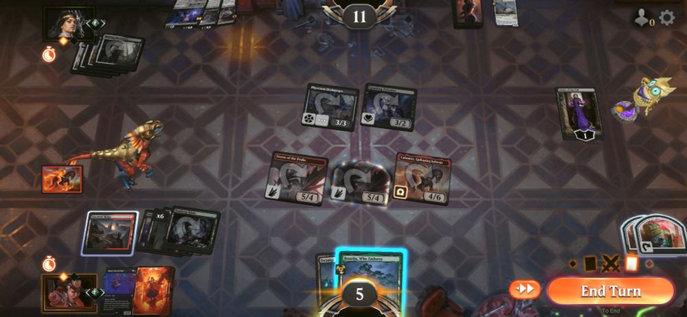 a board state in magic the gathering arena - i'm attacking on my turn with a creature that creates two token copies of another creature, but for some reason it only creates one, losing me the game :(