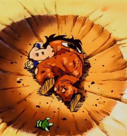 A picture of Yamcha from Dragon Ball Z crumpled in a crater during a fight against Saibaman 