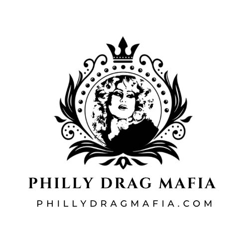 Logo for the Philly Drag Mafia, a white image with black illustration of Brittany Lynn in the center of a circle with an ornate crown on top.