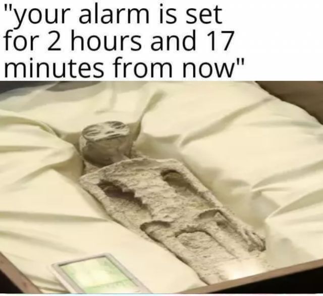 Mexican alien laying in bed, caption "your alarm has been set 2 hours and 17 minutes from now"