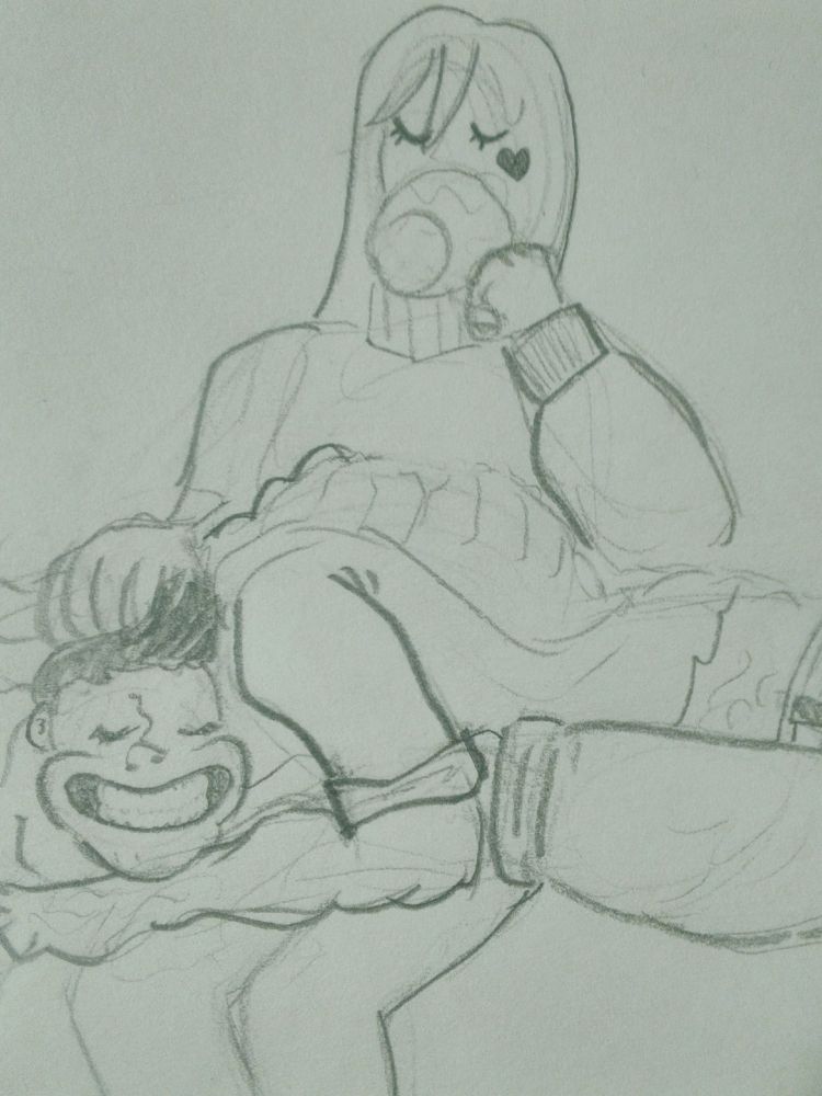 A closer shot of a simple sketch of the Unknown sleeping on Sable's lap, she's drinking from her mug and petting the Unknown's elongated neck. Both characters are from the game "dead by daylight".