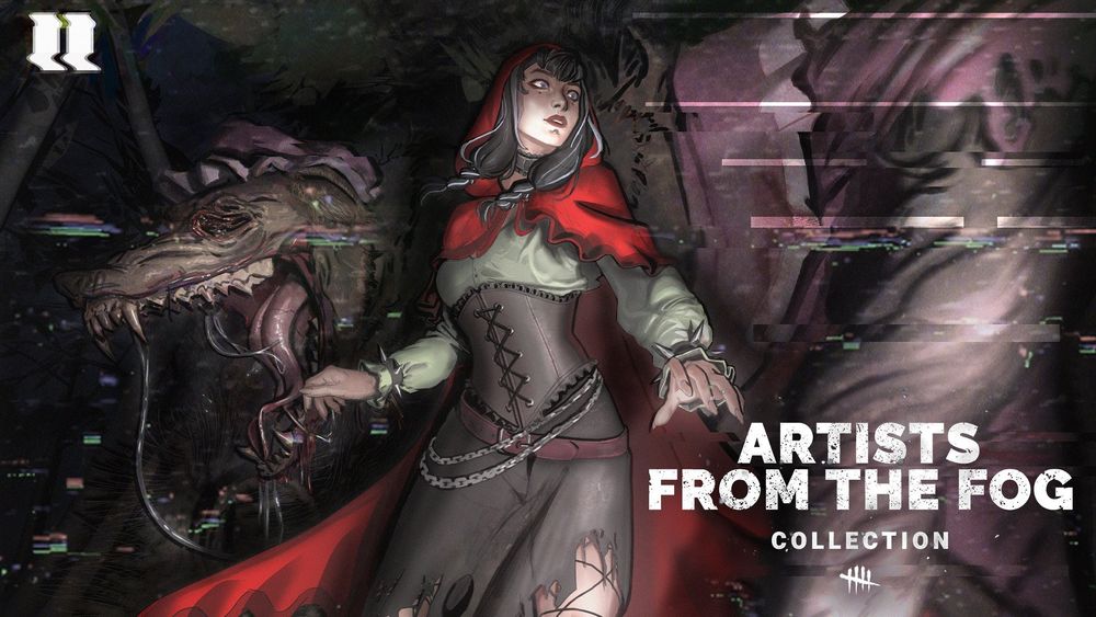 Splash page of The Unknown and Sable Ward in the new artists from the fog collection. It's The Unknown as the big bad wolf and Sable Ward as little red riding hood. Designs originally created by @DuckieGrumpy! characters from dead by daylight/dbd/deadbydaylight