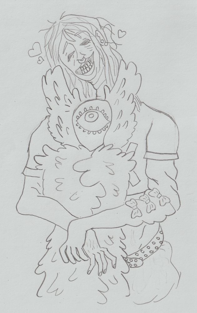 Sketch of The Unknown (from Dead By Daylight) with the cheerleader cosmetic hugging an angel-like character.