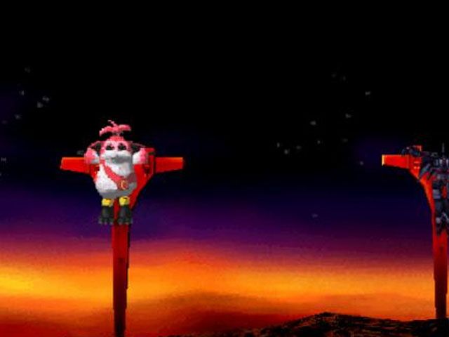 chuchu, a fluffy pink animal from the ps1 videogame xenogears who can grow really large for some reason so she can fight giant robots, is hung on a T-shaped cross while the sun gently sets behind the mountains