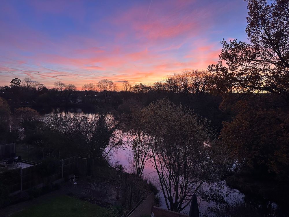 Red and blue morning skies shining across a lake surrounded by housing and trees. 