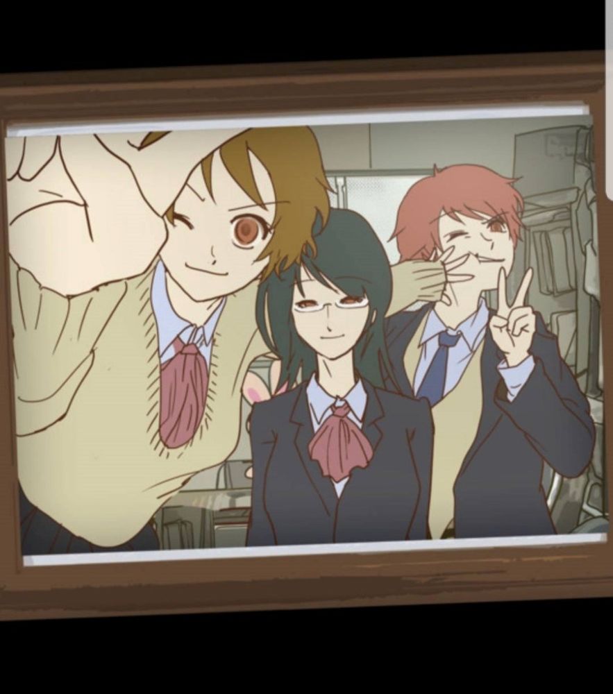 a screenshot from the game mysterious forum and 7 rumors. the main characters are all posed in a framed photo, akane and yuuki doing peace signs, with akane shoving yuuki away from the camera. shiino sits in the middle with a pleasant smile.