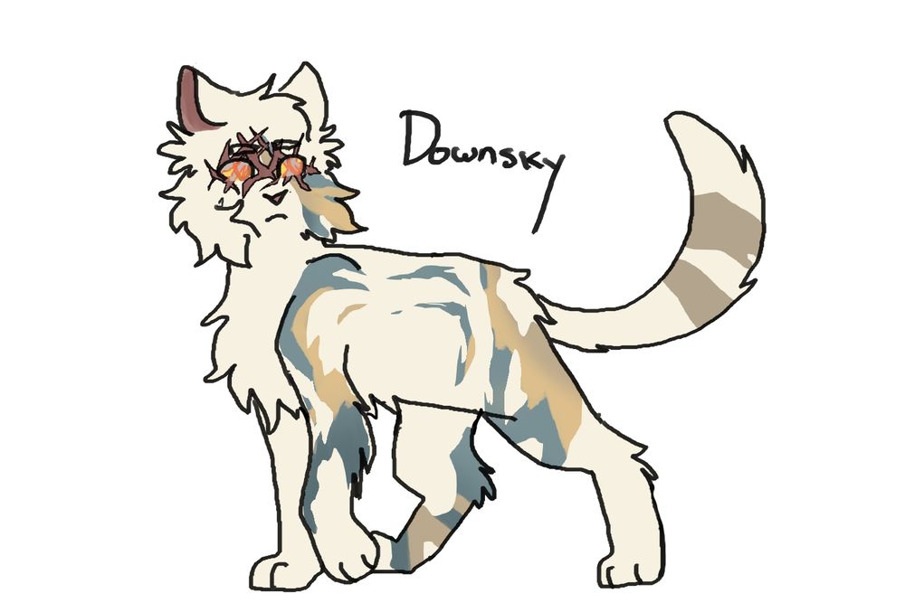 a drawing of a lanky, medium haired cat. her fur is mostly cream-colored, with sparse blue-grey and ginger tortoiseshell patches that darken around the edges of her face and limbs. she has 2 distinct brown rings on her tail, a snowshoe-like patch covering the right side of her face, and deep scars criss-crossing her yellow eyes. the drawing is labeled with her name, downsky.