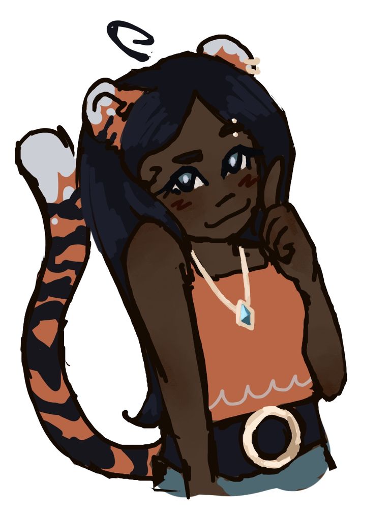 a dark skinned giel with tiger ears and tail smiles at the camera. she has deep blue-black hair and is wearing an orange sleeveless top, and a belt with a large gold buckle. he has verious other gold jewlery, including a necklace with a dusky blue gem in the middle, and eyebrow and ear piercings.