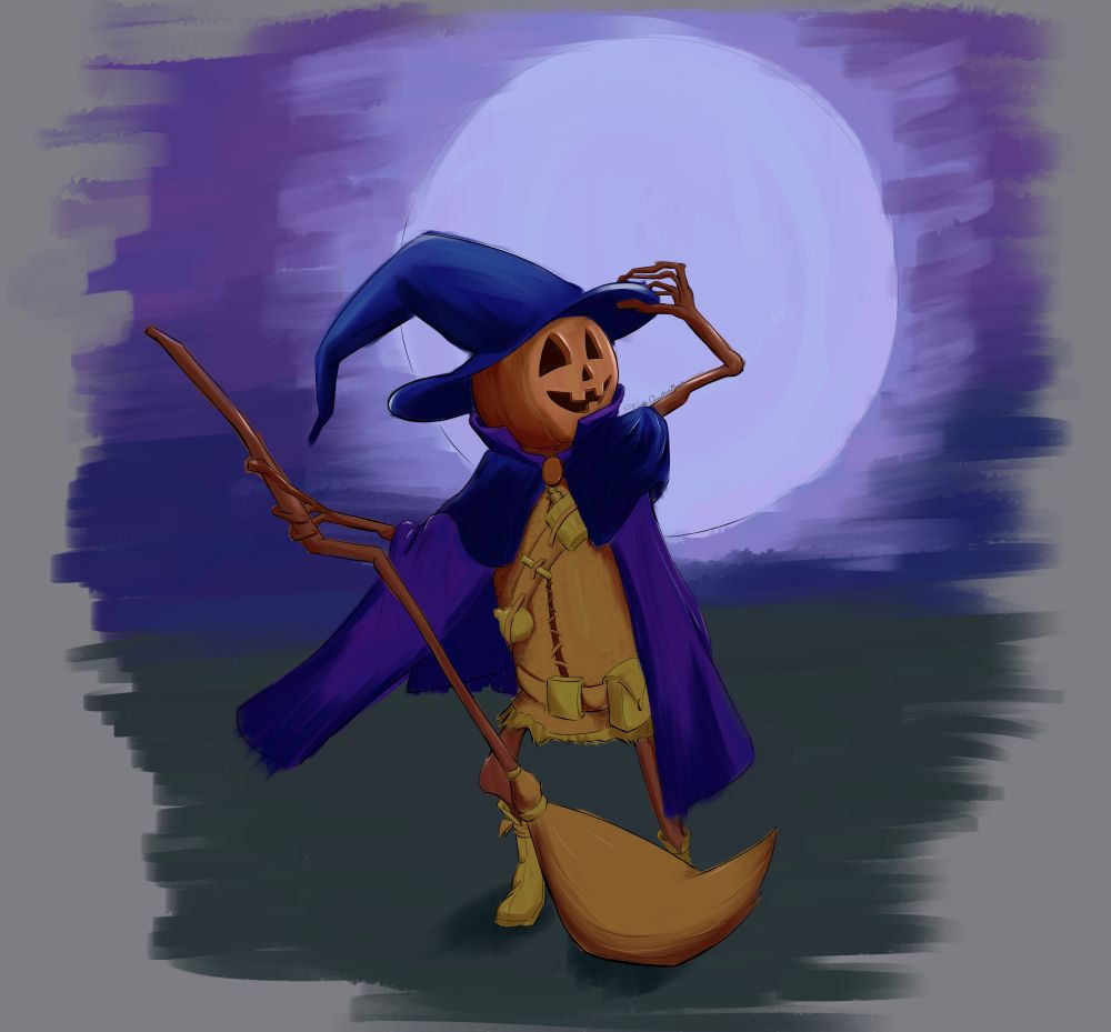 A painting of a jack o' lantern with stick-arms and a sack body wearing a witch costume holding a witch's broom. They are silhouetted by the sun. 