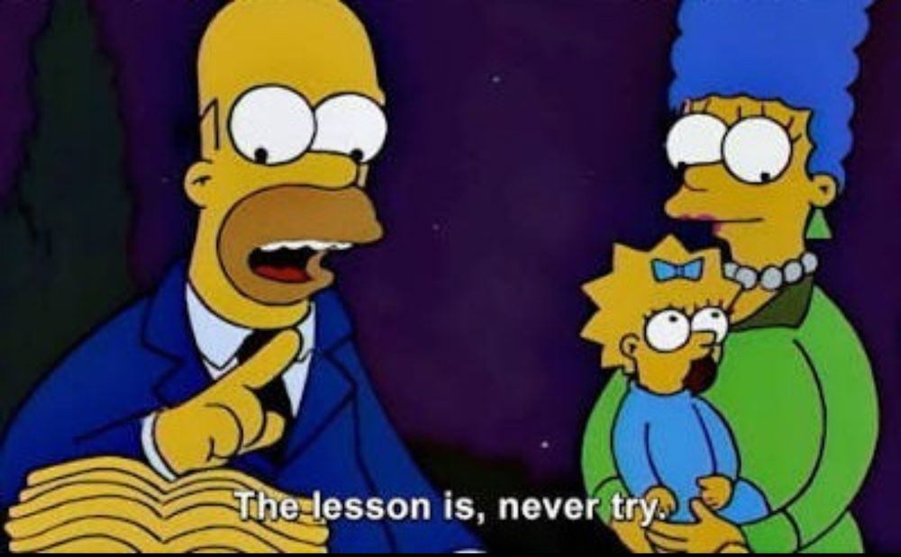 A screenshot of Homer Simpson saying to Marge: "The lesson is, never try."