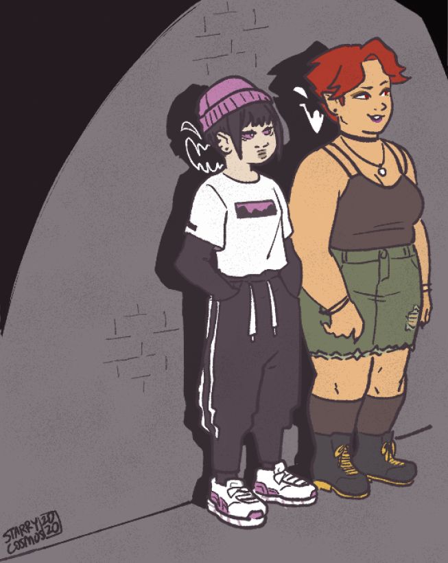 Two people stand together against a brick wall casting shadows with monstrous faces. The figure on the left  is dressed in layered streetwear shirts and joggers with a pink hat, and stands with their hands in their pockets with a bored expression. They have pale skin, black hair, and pink schlera with white pupils.
The figure on the right is a plus-sized woman with short hair and a mischievous expression and dressed in a strappy tanktop, multiple necklaces and a roughed-up denim skirt and boots. She has tan skin, crimson red hair in a pixie cut, red eyes and dark makeup.