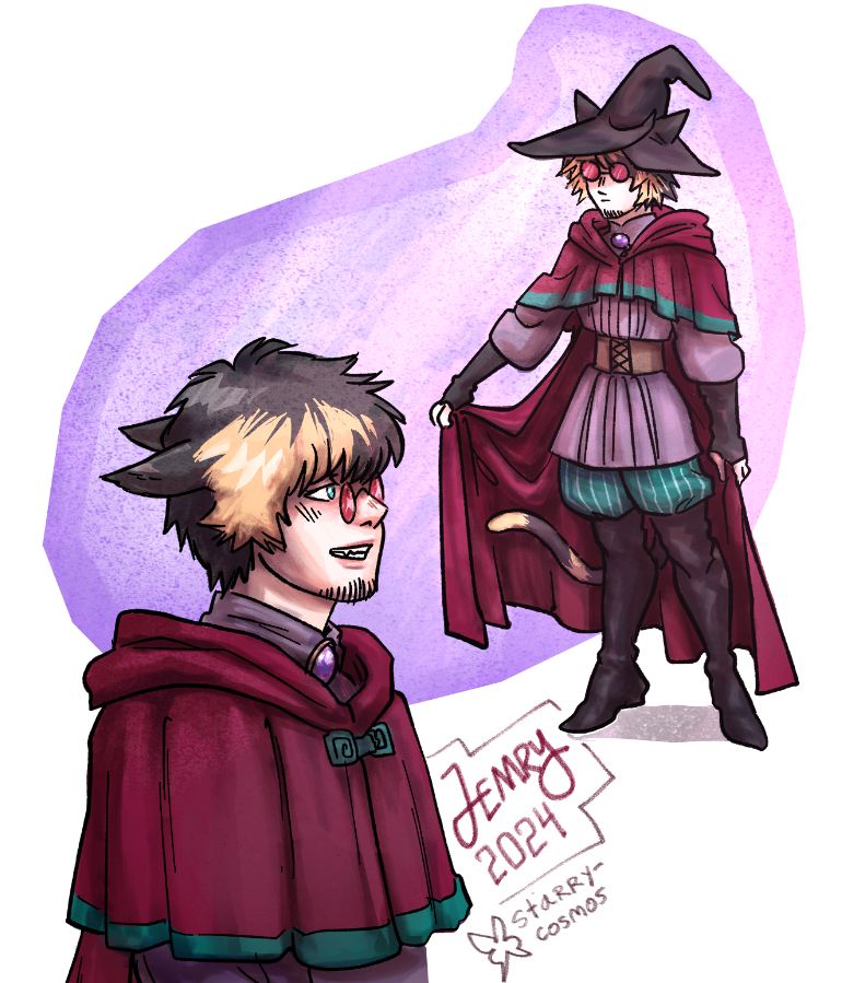 A stylized illustration of a miqo'te cat-folk Black Mage, depicted once as a bust and as a distant full-body shot, on a purple backdrop. They have short, calico-patterned hair. They wear red-lensed glasses and a burgundy mantle worn over a cinched tunic, with striped breeches and thigh boots. 