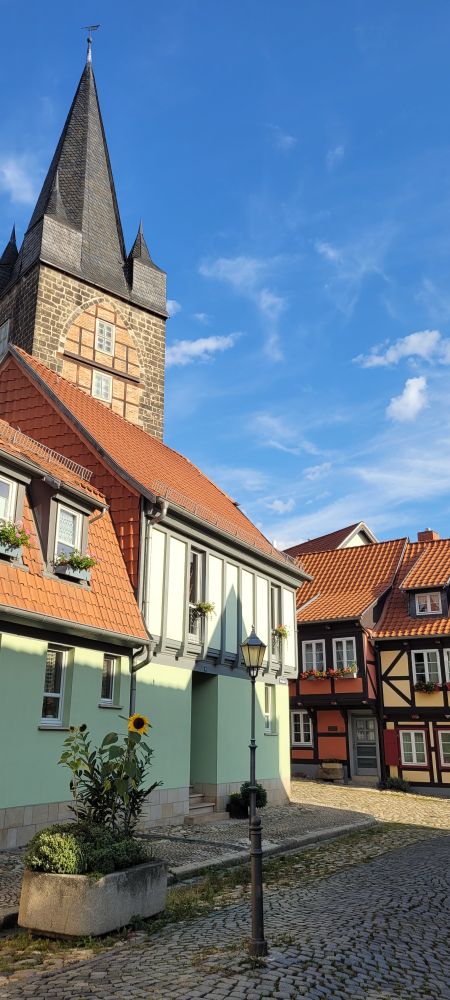 Schreckensturm im Hintergrund, doäavor Fachwerkhäuser und eine Sonnenblume, blauer Himmel mit Schleierwolken