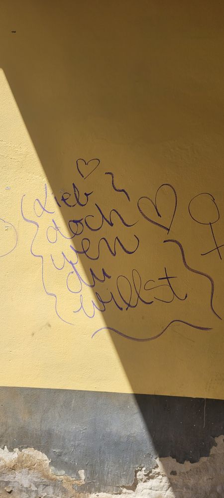 Hauswand mit lila Schriftzug
Lieb doch wen du willst