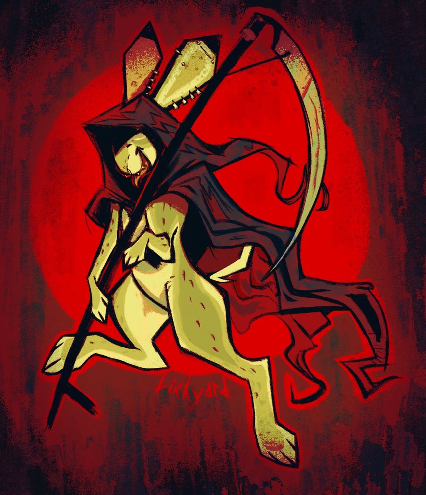 an anthro hare in a hood holding a scythe 