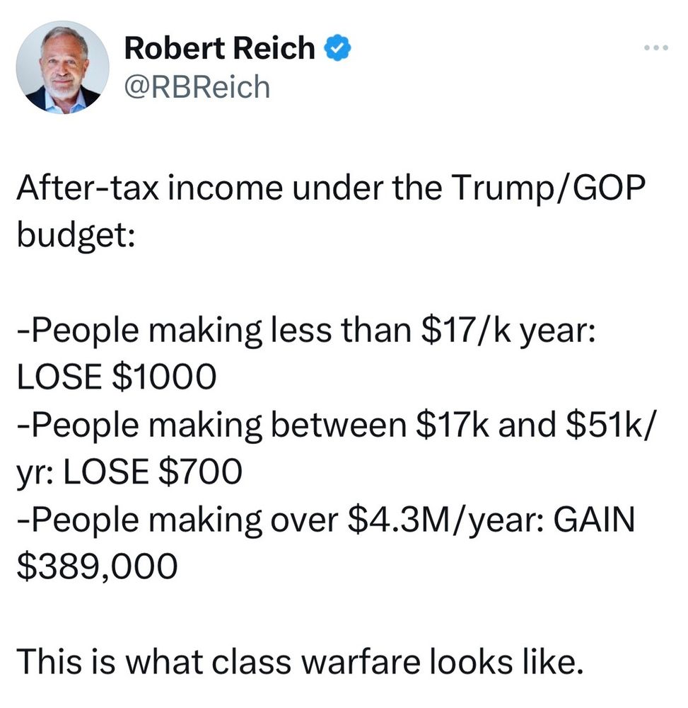 Robert Reich &
@RBReich
After-tax income under the Trump/GOP budget:
-People making less than $17/k year:
LOSE $1000
-People making between $17k and $51k/ yr: LOSE $700
-People making over $4.3M/year: GAIN
$389,000
This is what class warfare looks like.