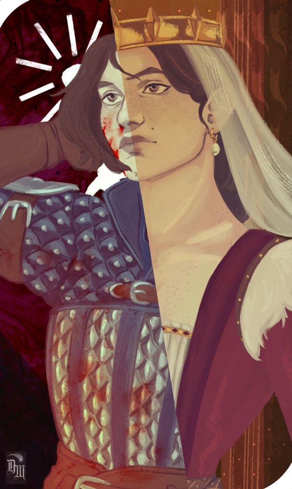 Dragon Age Origins fanart featuring my Warden Queen Emer Cousland. Vaguely Queen of Swords. The image is divided in half. The left half is her warden self in armor, drawing a sword from her back or putting it away. She has some blood on her. The right half is her Queen self.
