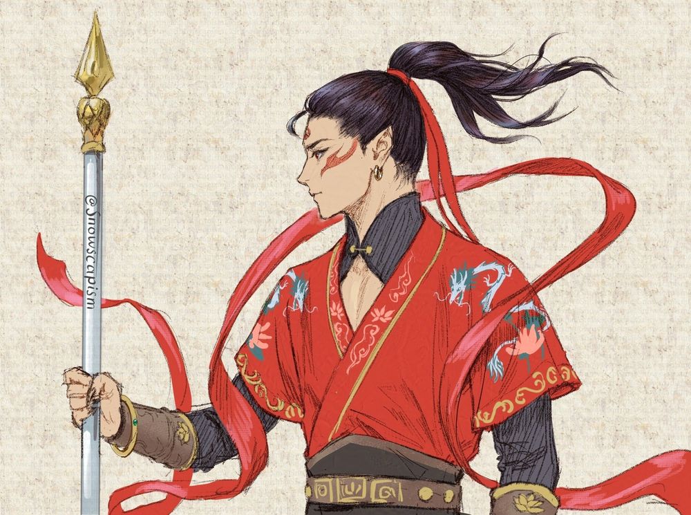 drawing of Nezha from the waist up. His inner shirt seems to just be sleeves with no shirt, his outer shirt is a red dahu (搭护) embroidered with lotuses and a familiar looking dragon, and he is wearing leather armor with gold ornamentation. His hair is tied in a high ponytail, yet it still defies gravity. He holds his spear in his right hand.