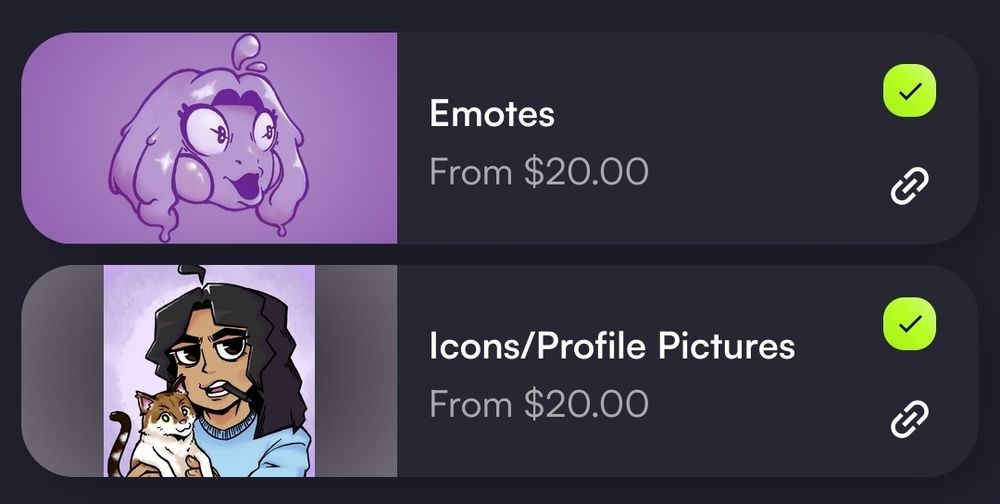 Purple character pogging (excitedly looking onward while pursing open mouth)
Emotes
From $20.00

Artist holding her cat
Icons/Profile Pictures
From $20.00