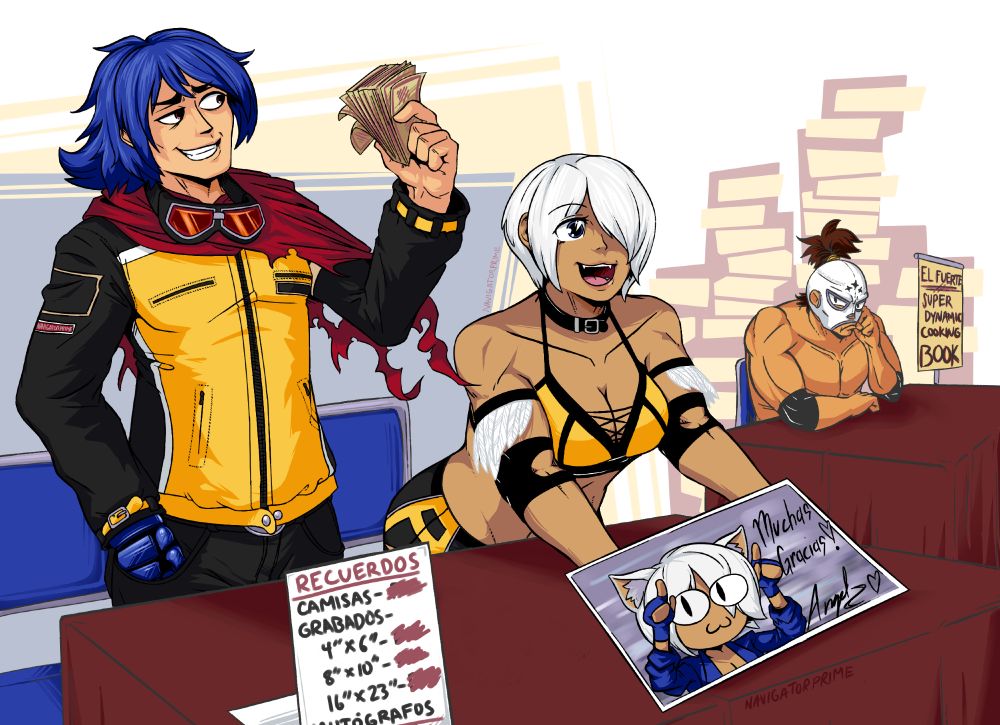 Krohnen (K999) and Angel from KOF selling merch next to a clearly frustrated and stocked El Fuerte