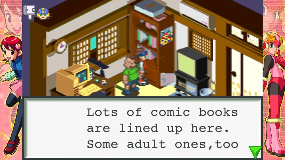 Screenshot of Dex's house in MMBN 1 where Lan looks at his bookshelf:

TEXT:
"Lots of comic books are lined up here. Some adult ones, too"
