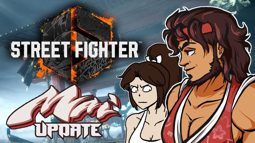 TheCityBeast wearing Mai's outfit while Mai Shiranui stares at his chest.
Text: "Street Fighter 6: Mai Update"