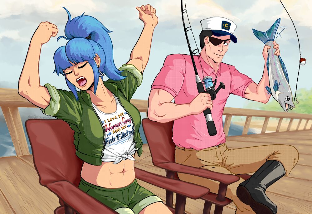 Leona Heidern yawning while Heidern holds up a huge fish