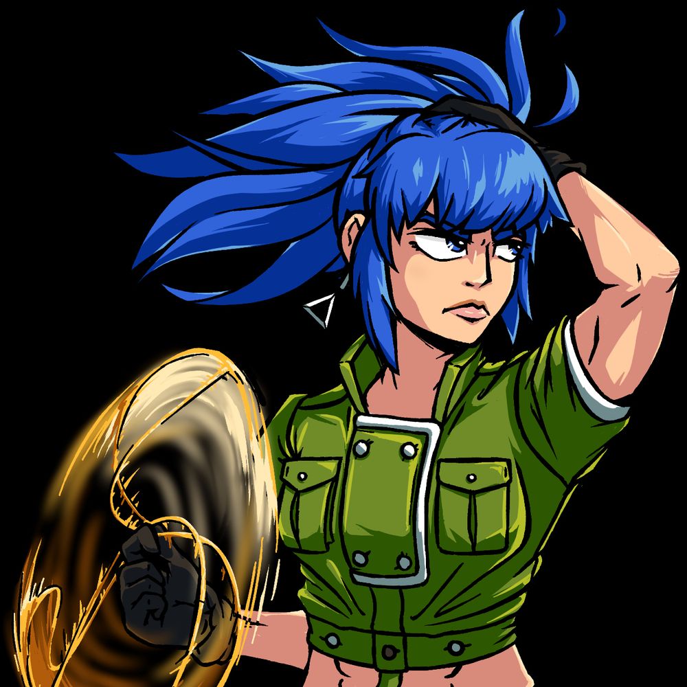 Leona Heidern swinging around her hair tie while looking to the right.